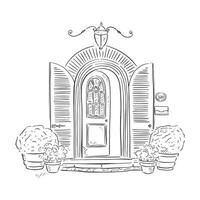 A line drawn illustration of a beautiful chateaux front door in a black and white sketch style. Finished with bushes in pots either side of the door. vector