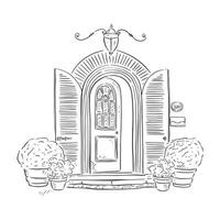 A line drawn illustration of a beautiful chateaux front door in a black and white sketch style. Finished with bushes in pots either side of the door. vector