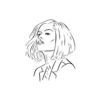 A black and white illustration of a lady with a short bob. Drawn by hand in line drawn sketchy style. vector