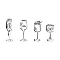 A line drawn illustration of individual cocktails in a sketchy style. Black and white sketch vector