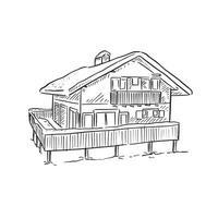 A line drawn ski chalet house in black and white. House with a wooden balcony wrapping around the left hand side of house. Hand drawn on Procreate using an Apple Pencil. vector