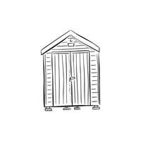 A line drawn sketch of a shed or beach hut in black and white vector