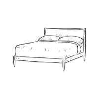 A line drawn illustration of a modern style bed in black and white. Drawn by hand in a sketchy style vector