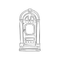 A line drawn illustration of a beautiful front door in a black and white sketch style vector