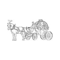 A line drawn black and white illustration of a horse and carriage. A method of transport when getting to a wedding. Hand drawn in black and white. vector