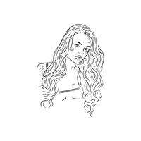 A black and white illustration of a lady with a long blow dry. Drawn by hand in line drawn sketchy style. vector