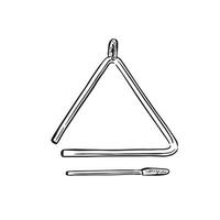 A line drawn illustration of a triangle instrument in black and white vector