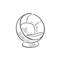 A line drawn illustration of an egg chair in black and white. Drawn by hand in a sketchy style vector