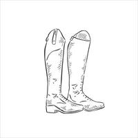 A line drawn illustration of a pair of riding boots in black and white. A sketchy design created by hand vector