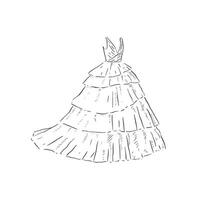 A line drawn illustration of a beautiful tuille layered dress, which could be used for bridal boutiques, wedding blogs and so much more vector