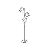 A line drawn illustration of a floor lamp with three shades in black and white. Drawn by hand in a sketchy style vector