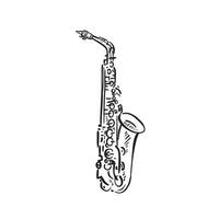 A line drawn illustration of a saxophone in black and white vector