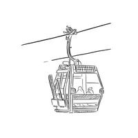 A line drawn illustration of a single gondola on a wire. Skis are placed in the left hand side of the gondola. Hand drawn on Procreate. vector