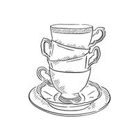 A stack of china cups on saucers. Black and white line drawing, drawn by hand in a sketchy style. vector