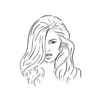 A black and white illustration of a lady with a long blow dry. Drawn by hand in line drawn sketchy style vector