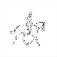 A line drawn side profile illustration of a lady riding a horse. Drawn by hand in a black and white sketchy style. vector