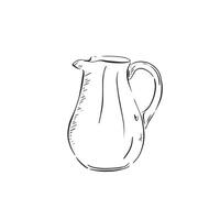 A line drawn black and white illustration of a glass jug, shaded using lines and drawn in a sketchy style. vector