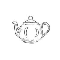 A line drawn black and white illustration of a tea pot with shiny sides. Perfect for adverts and logos. Created by hand and shaded with black lines. vector