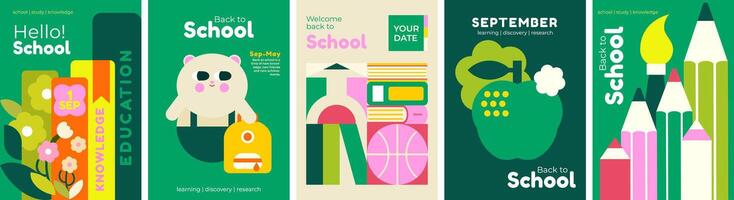 School backgrounds. Stationery, books, a set of pencils, a backpack. Set of flat cute illustrations. Back to school. School theme elements and objects, simple poster background. vector