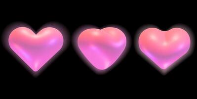 3D hearts set. Holographic shiny hearts with a soft glow various rotation positions collection isolated on a black background. 3D romantic design elements vector