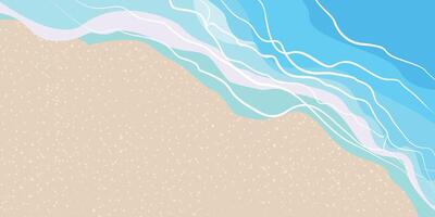 verano playa con arena y olas parte superior ver en dibujos animados estilo, vistoso Oceano antecedentes. tropical costa línea, paisaje, paisaje plano ilustración. modelo para póster, folleto con espacio para texto. vector