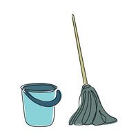 Mop and bucket, cleaning contour icons. illustration with one line. Isolated icon suitable for web pages, infographics, interface and applications vector