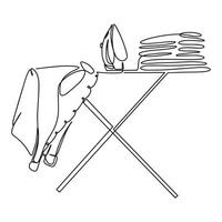 Clothes ironing in continuous line art drawing style. Modern electric smoothing iron and shirt on ironing board black linear sketch isolated on white background. illustration vector