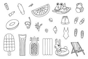 Hand drawn set of summer holiday elements, swimsuits and beach accessories. Travel element drawn in doodle style. Illustration for banner, background, badge, logo design. . vector