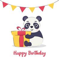 Birthday card, invitation concept with cute panda holding a gift box. vector