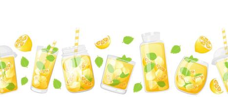 Seamless border with lemonade. Summer lemon drinks banner template vector