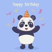 linda dibujos animados panda oso personaje en cumpleaños gorra. cumpleaños fiesta tarjeta, invitación, póster concepto vector