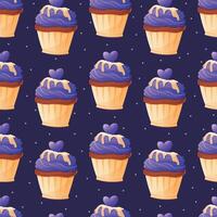 Sweet baked cupcake with purple cream and frosting. seamless cartoon pattern with sweets. vector