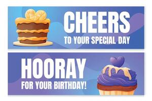 Set of horizontal bright holiday birthday cards. Banners template with cartoon funny illustrations of cake and cupcake. vector