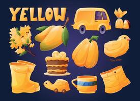 Set of isolated Yellow elements for children to study colors. Children's book or textbook for preschoolers. Collection of cartoon elements. vector