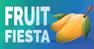 cartoon horizontal summer banner. Two bright yellow mango, text Fruit Fiesta. vector