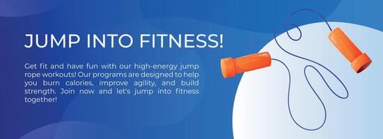 Horizontal advertising sports banner. Brochure with a cartoon illustration of a jump rope and the title Jump into Fitness. vector