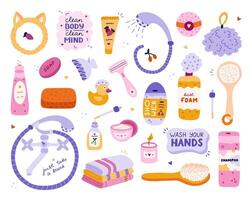 Cute hand drawn clipart set of hygiene items, bathroom accessories. Products for skincare, beauty, body care, self love in trendy cartoon style. Soap, shower, microfiber towel, shampoo, cream, oil. vector