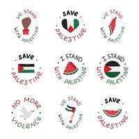 We Stand with Palestine set of emblems with lettering and hand drawn clipart. Watermelon slice, Gaza flag, fist, peace dove, heart. Concept of Free Gaza for poster, banner, wallpaper, flyer, t shirt. vector