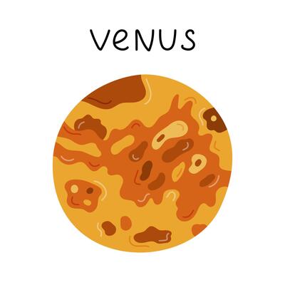 Cute hand drawn cartoon Venus. Second planet of Solar System. Childish simple doodle of astronomy celestial body for kids education, outer space infographic, universe placard, astrology design.