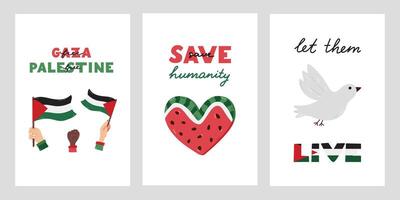 Save Palestine set of posters with lettering and simple hand drawn clipart of heart watermelon, peace dove, flags and fist. Concept of support and stand with Palestine. Save Humanity, Free Gaza. vector