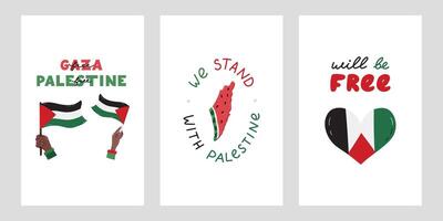 We Stand with Palestine set of posters with lettering and simple hand drawn clipart of Gaza flag in the hand, watermelon in the shape of map of Israel and Gaza. Concept of support Palestine. vector