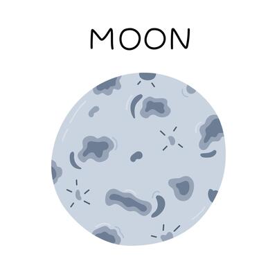 Cute hand drawn cartoon Moon. Satellite of planet Earth. Astronomy celestial body of Solar System. Childish simple doodle for kids education, outer space infographic, universe placard.