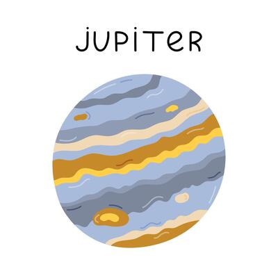 Cute hand drawn cartoon Jupiter. Gas giant planet of Solar System. Childish simple doodle of astronomy celestial body for kids education, outer space infographic, universe placard.