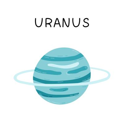 Cute hand drawn cartoon Uranus. Ice planet of Solar System and Galaxy. Childish simple doodle isolated on white. Astronomy celestial body for kids education, outer space infographic, astrology design