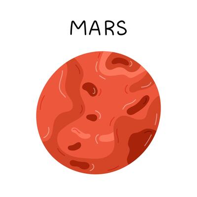 Cute hand drawn cartoon Mars. Planet of Solar System and Galaxy. Childish simple doodle isolated on white. Astronomy celestial body for kids education, outer space infographic, astrology design.