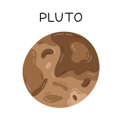 Cute hand drawn cartoon Pluto. Planet of Solar System and Galaxy. Childish simple doodle isolated on white. Astronomy celestial body for kids education, outer space infographic, astrology design.