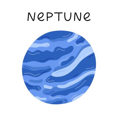 Cute hand drawn cartoon Neptune. Ice planet of Solar System. Childish simple doodle isolated on white. Astronomy celestial body for kids education, outer space infographic, astrology design.