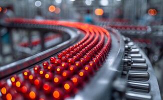 Red lamps on conveyor belt in factory photo