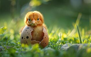 bebé pollo es eclosión desde huevo en el césped. foto