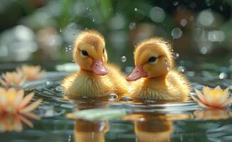 Two yellow ducks swim in the pond with water lilies photo